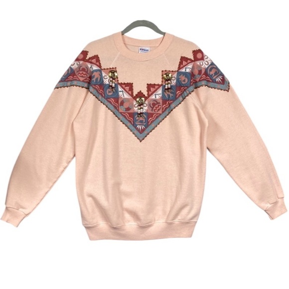 Vintage Hanes Southwestern 90s Embellished Aztec Sweatshirt Womens Size L Pink - Picture 1 of 8